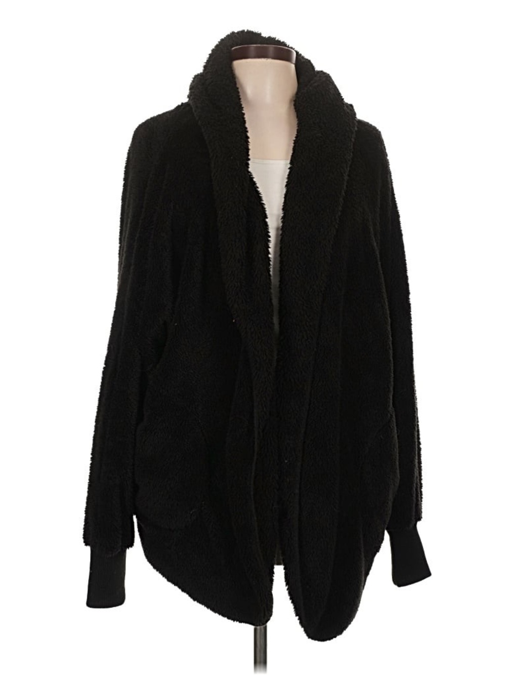 T Party Fashion Plush Open-Front Shawl Hoodie Cardigan - Black